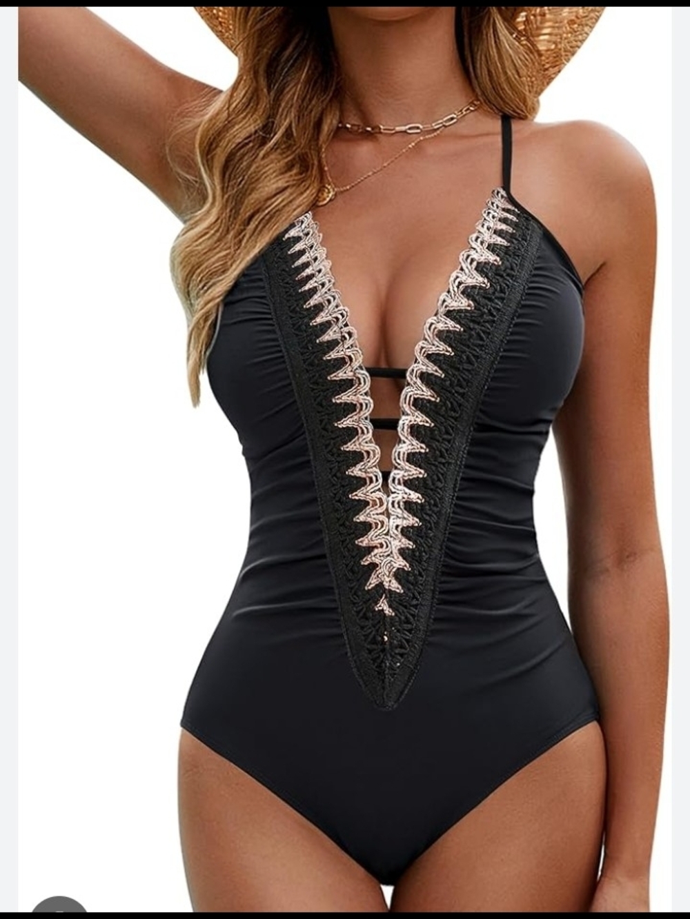 Women’s Black Deep V One-Piece Swimsuit with Crochet Trim
